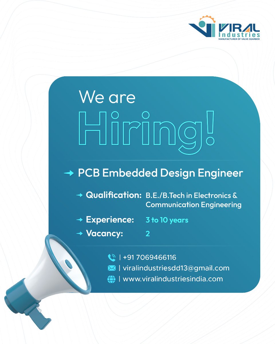 viralind_in's tweet image. We’re Hiring!
Position: PCB Embedded Design Engineer
Qualification: B.E./B.Tech in Electronics & Communication Engineering
Experience: 3–10 years
Vacancies: 2
Apply now:
Call: +91 7069466116
Visit: viralindustriesindia.com
#ViralIndustries #Hiring #EmbeddedEngineer #India