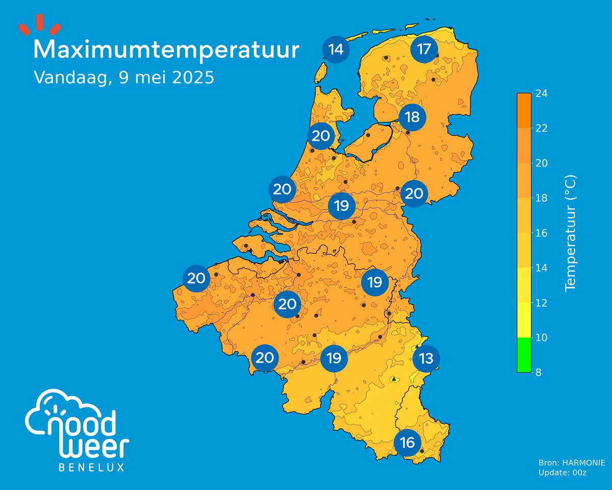 Goedemorgen! 

Twee kaarten die er toe doen vandaag: aantal uren zon en de maxima. We krijgen namelijk alweer een zonnige #lentedag. 's Morgens is het nog frisjes, maar na de middag stijgen de temperaturen op de meeste plaatsen tot 20-21°C. Er staat wel (weer) en strakke