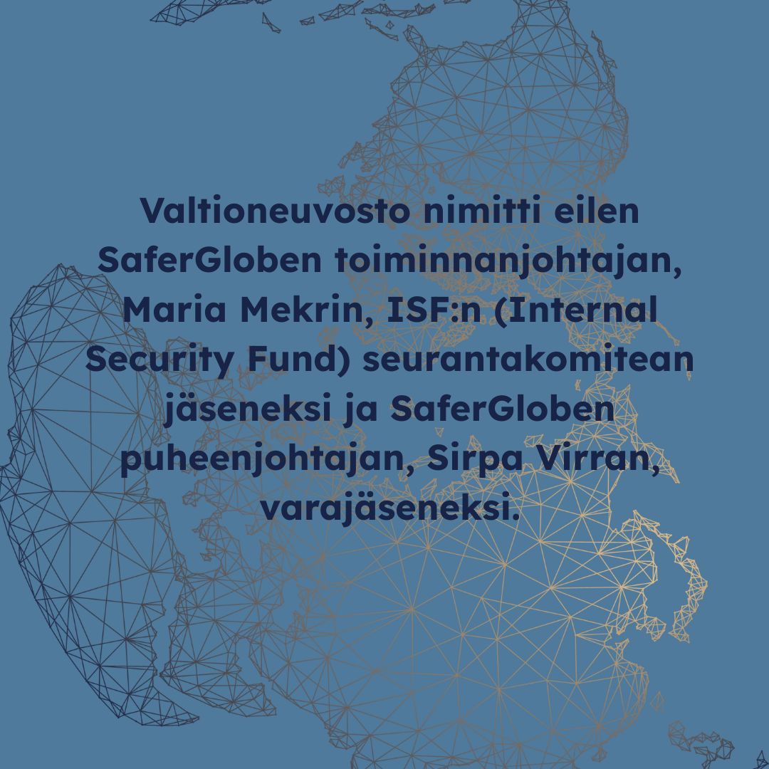 SaferGlobe (@saferglobe) on Twitter photo SaferGlobe on nyt ISF (Internal Security Fund) seurantakomitean jäsen. Eilisen valtioneuvoston päätöksen mukaisesti SaferGloben toiminnanjohtaja <a href="/mekri/">Maria Mekri 🇫🇮🇺🇦</a> on nyt ISF:n seurantakomitean varsinainen jäsen ja Sirpa Virta, SaferGloben puheenjohtaja, on ISF:n seurantakomitean varajäsen. SaferGlobe on nyt ISF (Internal Security Fund) seurantakomitean jäsen. Eilisen valtioneuvoston päätöksen mukaisesti SaferGloben toiminnanjohtaja <a href="/mekri/">Maria Mekri 🇫🇮🇺🇦</a> on nyt ISF:n seurantakomitean varsinainen jäsen ja Sirpa Virta, SaferGloben puheenjohtaja, on ISF:n seurantakomitean varajäsen.