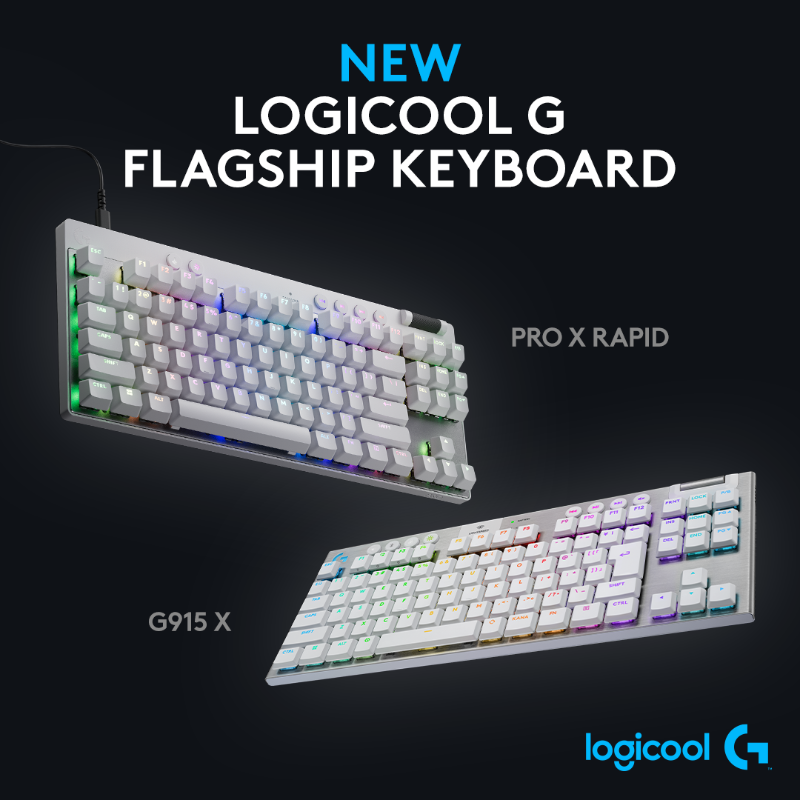 LogicoolG's tweet photo. 【NEW】最高峰ゲーミングキーボード
2モデル 新登場！
・RAPID TRIGGER搭載「PRO X RAPID」
・薄型キーで多機能・多用途なワイヤレス「G915 X」