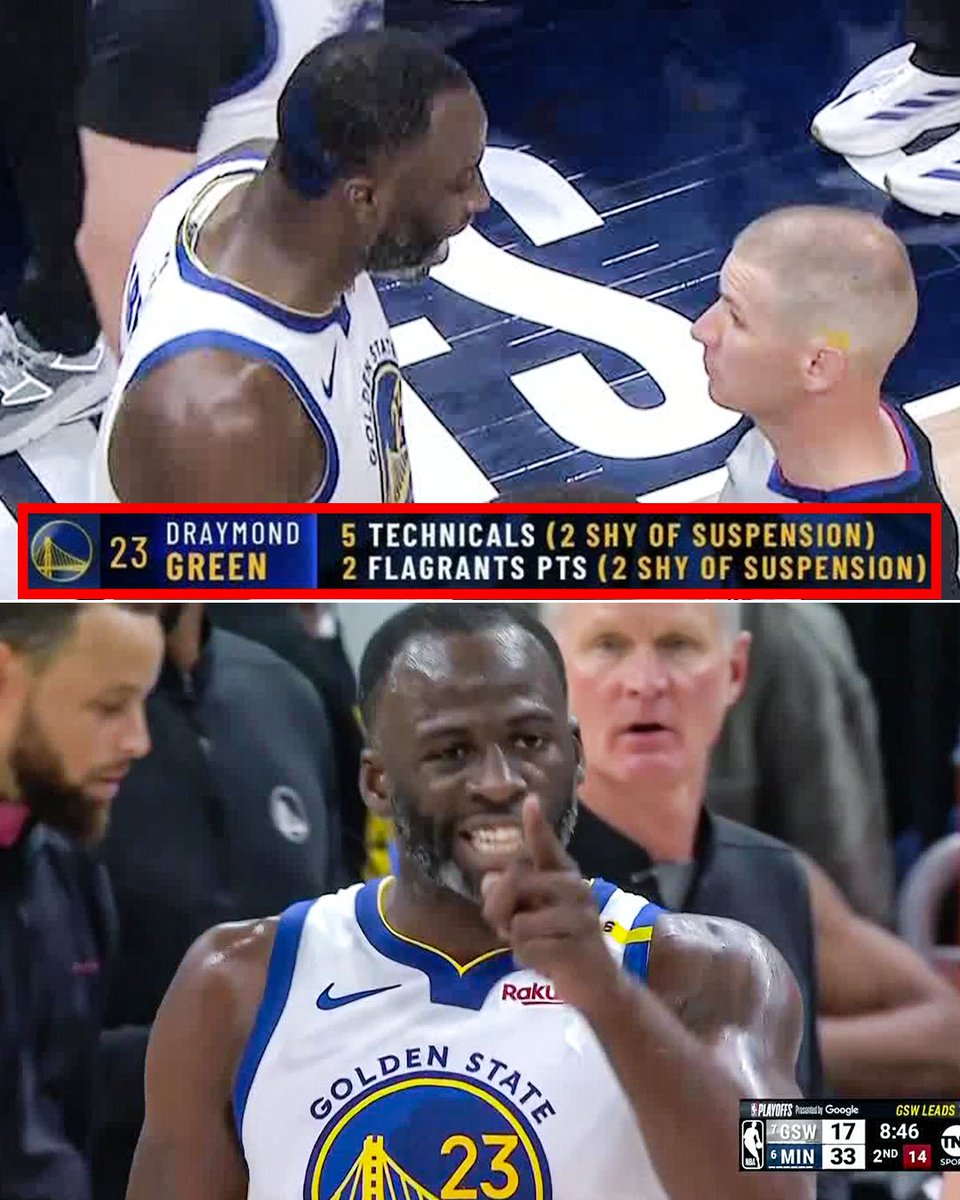 Draymond Green is up to 5 technical fouls this postseason.

7 technical fouls is a 1-game suspension.