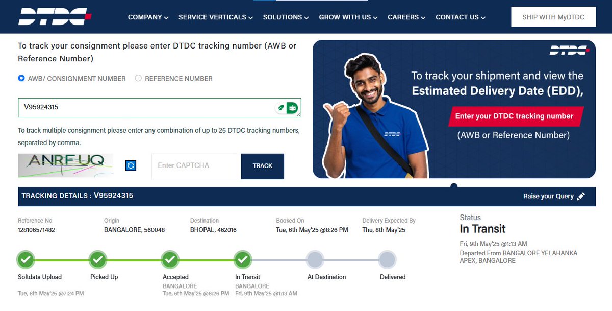 KKPatel_SEM's tweet image. Hey .@DTDCIndia, my parcel (AWB: V95924315) from Bangalore to Bhopal was due on 8th May, but it&apos;s still stuck in Bangalore as of 9th May 1:13 AM. What’s going on? Need urgent delivery update. #DTDC #DelayedDelivery #LogisticsFail #CustomerExperience .@BlueDart_