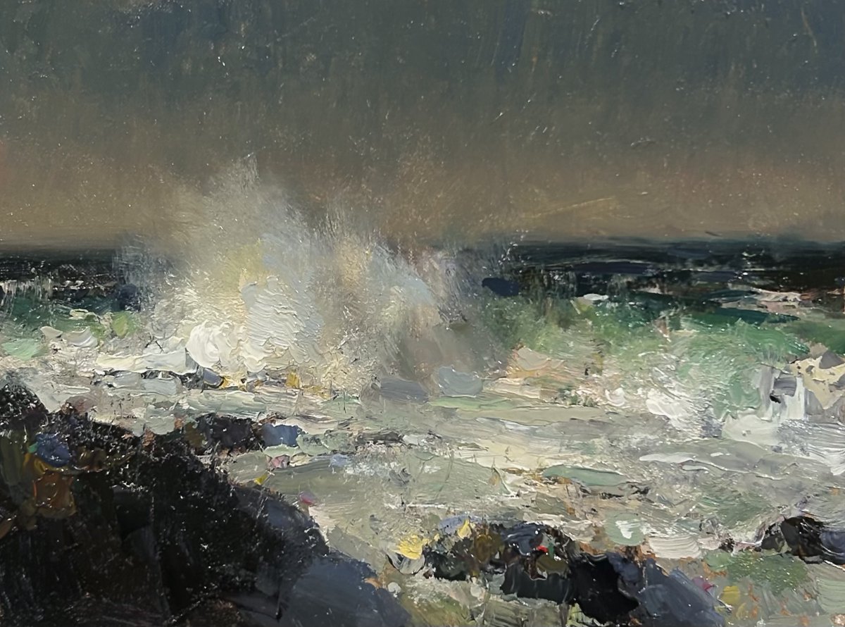 Somewhat recent 6x8in. oil on linen piece of Maine Coast. "Emerald Tide"