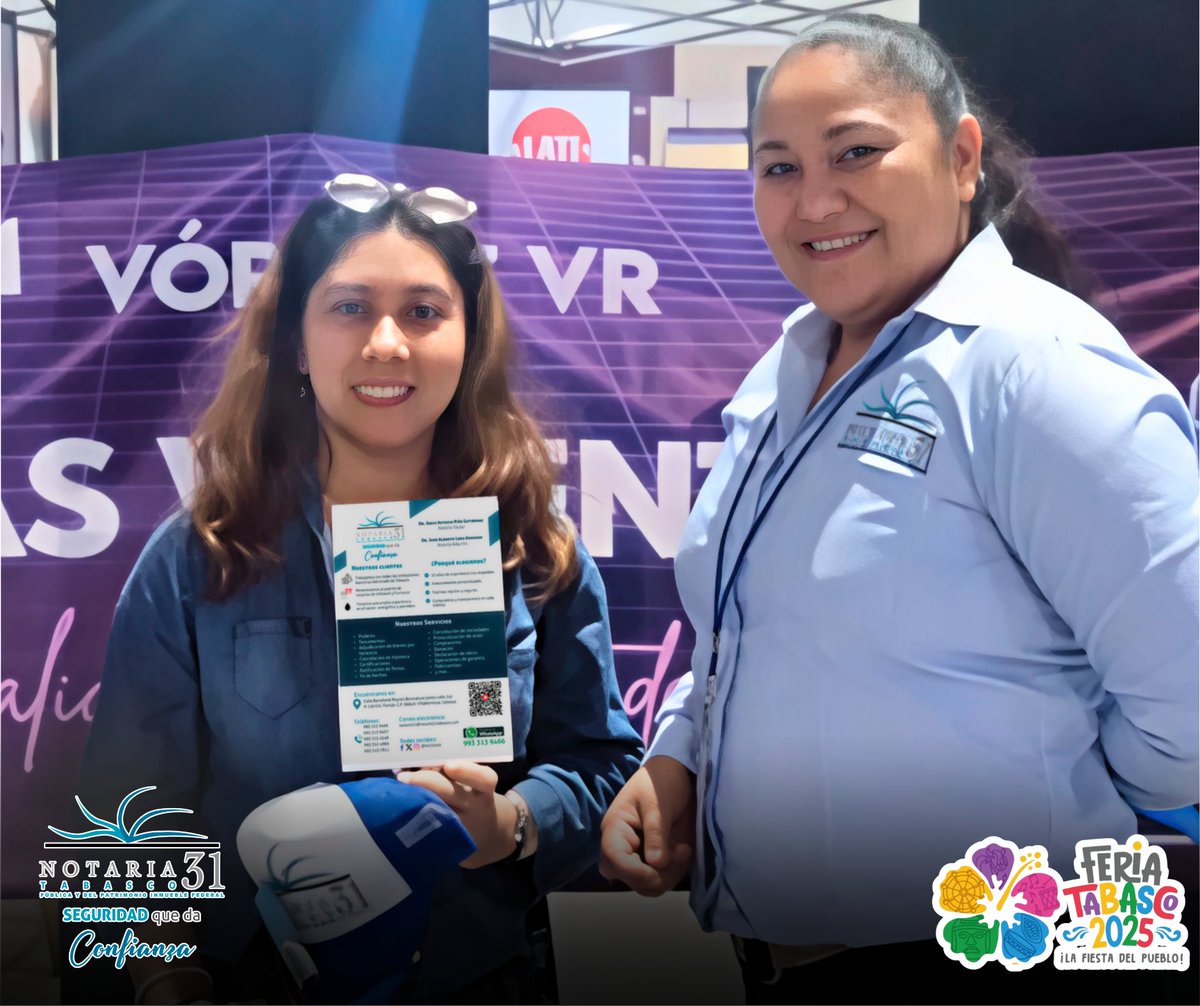 Not31tab's tweet photo. Estamos en el stand de la Notaría 31 de Villahermosa, listos para atenderte con el respaldo, confianza y profesionalismo que nos caracteriza. 📜✔️

📍Ubícanos en la feria. ¡Te esperamos! ⏳

#not31tab #servicioyconfianza #FeriaTabasco2025 https://t.co/FnnVdP5sMA