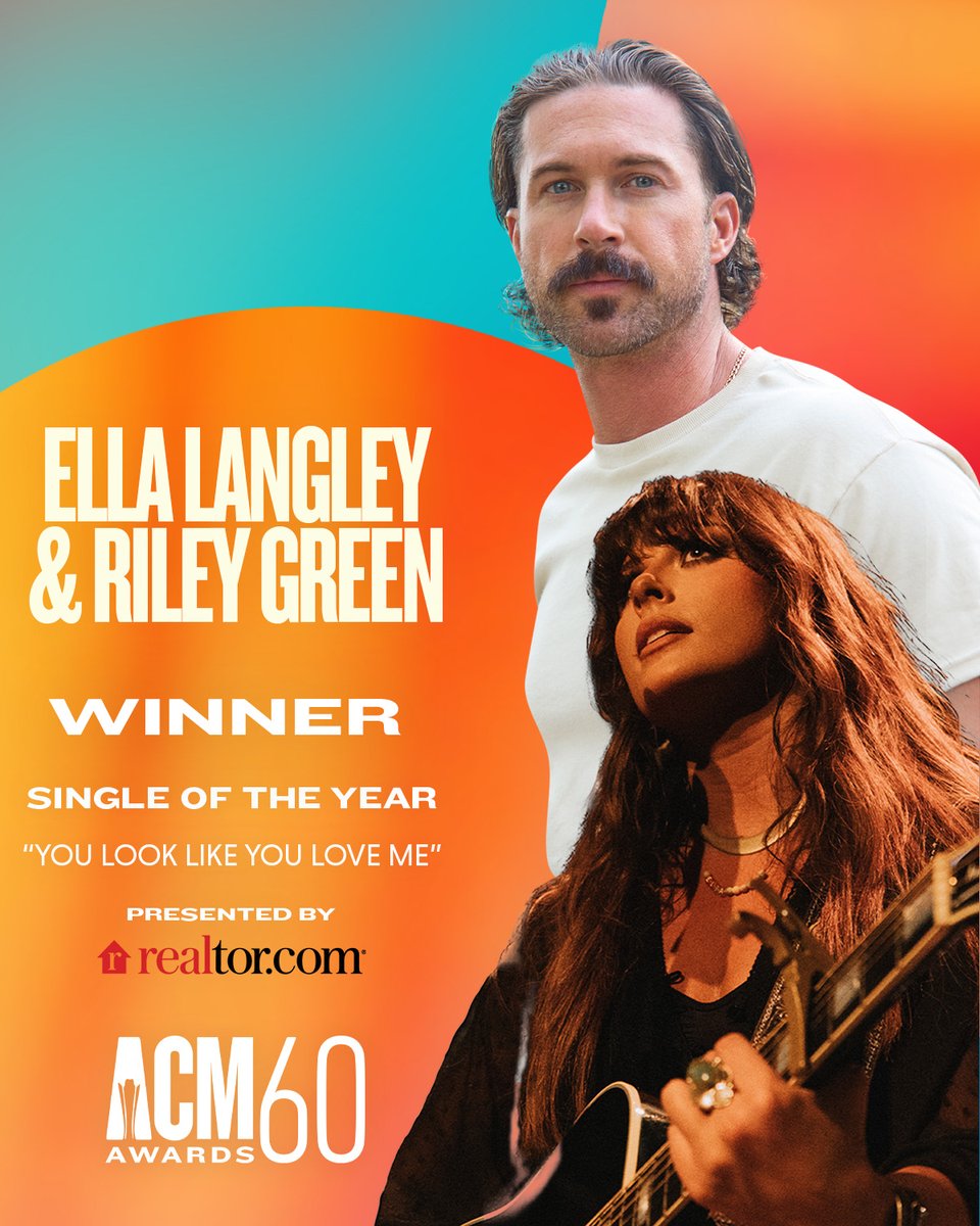 ACM Awards (@acmawards) on Twitter photo SINGLE 👏 OF 👏 THE 👏 YEAR - presented by <a href="/realtordotcom/">Realtor.com</a> - is "you look like you love me."
Congrats @EllaLangleyMsic and <a href="/RileyGreenMusic/">Riley Green</a>! #ACMawards #ACM60 SINGLE 👏 OF 👏 THE 👏 YEAR - presented by <a href="/realtordotcom/">Realtor.com</a> - is "you look like you love me."
Congrats @EllaLangleyMsic and <a href="/RileyGreenMusic/">Riley Green</a>! #ACMawards #ACM60