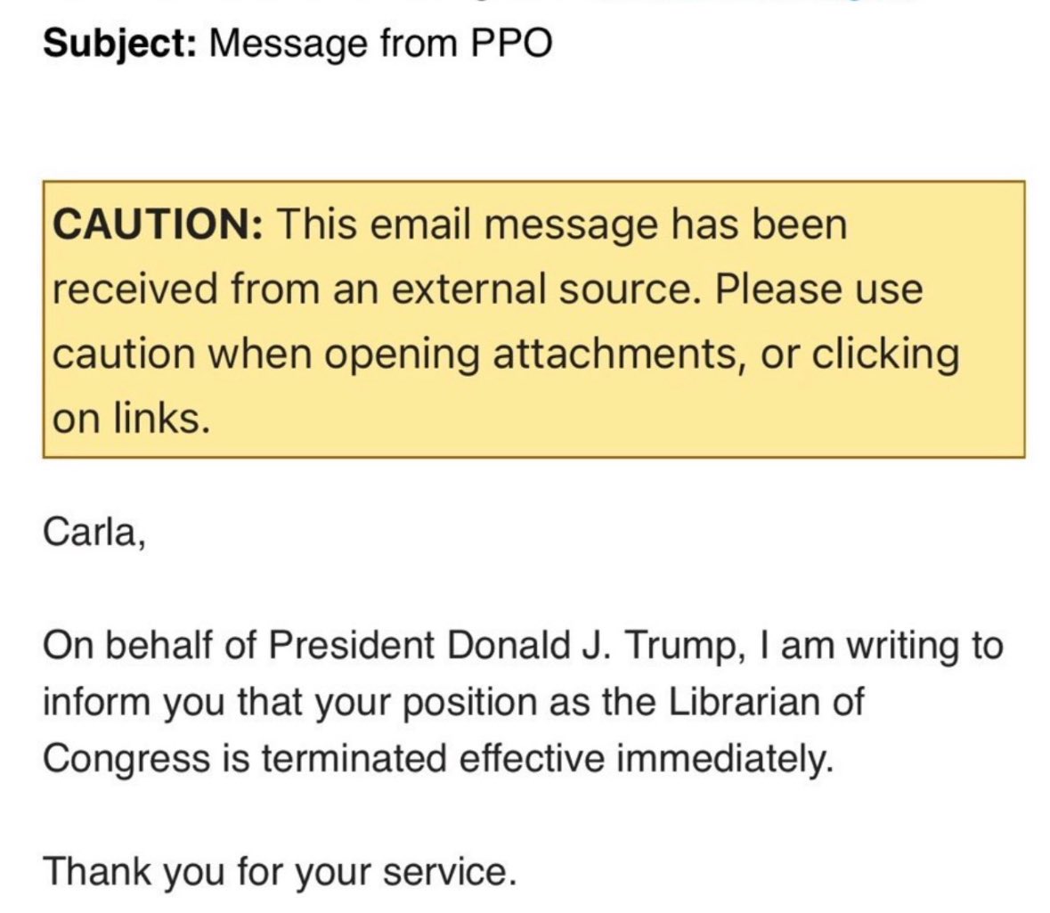Per multiple sources, a Trump aide fired Librarian of Congress, Dr Carla Hayden, via short email statement