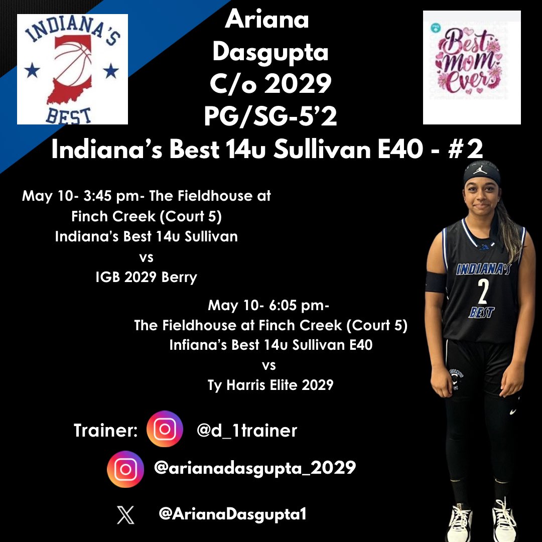 Ariana Dasgupta (@arianadasgupta1) on Twitter photo Here is my schedule for this weekend. We will be playing at the Mother’s Day Classic to be played <a href="/finchcreekfh/">The Fieldhouse at Finch Creek</a>. Looking forward to getting back at it with my team! 🏀
<a href="/INBestBBall/">Indiana's Best BBall</a>
<a href="/JrAllStarBB/">Jr. All-Star Girls Basketball</a>
<a href="/D_1Trainer/">DeSean Johnson</a>
<a href="/ProspectShowcse/">Prospect_ShowcaseWBB</a>
<a href="/LadyQuakerbball/">Plainfield Girls Basketball</a> Here is my schedule for this weekend. We will be playing at the Mother’s Day Classic to be played <a href="/finchcreekfh/">The Fieldhouse at Finch Creek</a>. Looking forward to getting back at it with my team! 🏀
<a href="/INBestBBall/">Indiana's Best BBall</a>
<a href="/JrAllStarBB/">Jr. All-Star Girls Basketball</a>
<a href="/D_1Trainer/">DeSean Johnson</a>
<a href="/ProspectShowcse/">Prospect_ShowcaseWBB</a>
<a href="/LadyQuakerbball/">Plainfield Girls Basketball</a>
