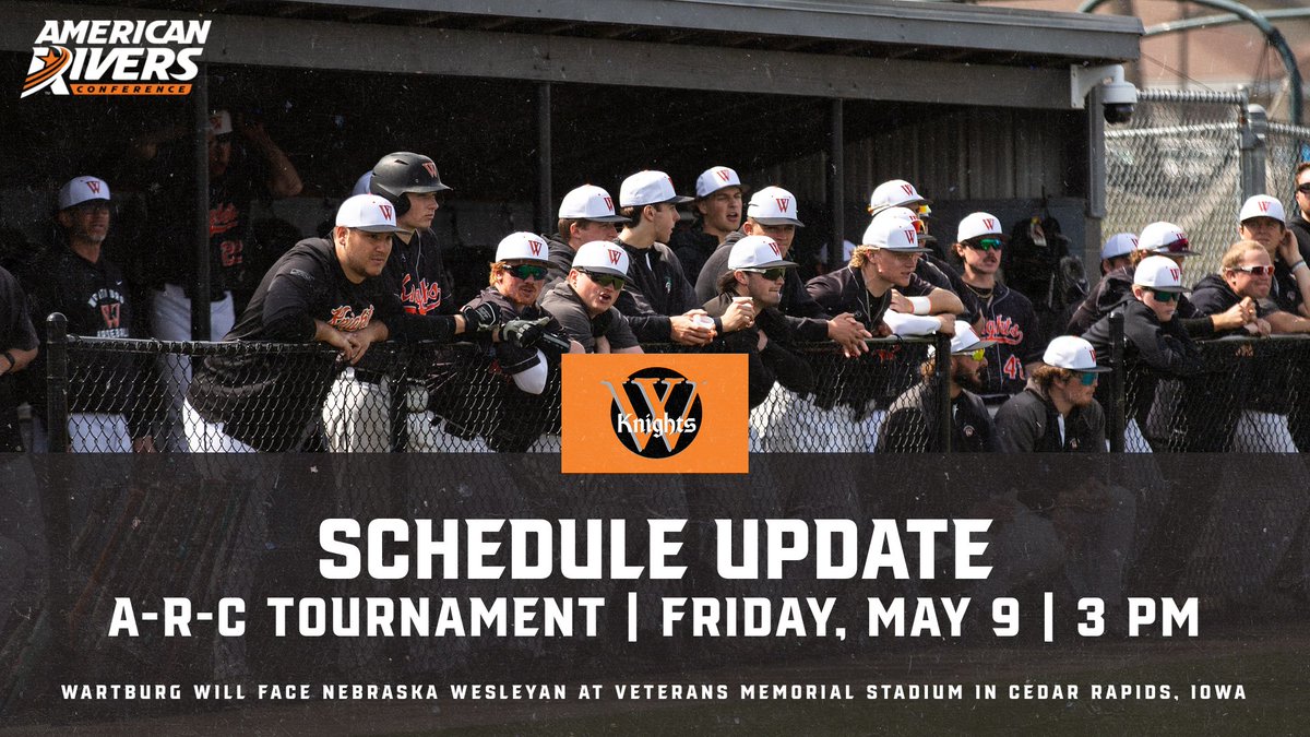 Wartburg Athletics (@wartburgknights) on Twitter photo Schedule Update 🚨⚾️
<a href="/WartburgBB/">Wartburg Baseball</a> will be back in A-R-C Tournament action tomorrow at 3 p.m. against Nebraska Wesleyan University at Veterans Memorial Stadium! Schedule Update 🚨⚾️
<a href="/WartburgBB/">Wartburg Baseball</a> will be back in A-R-C Tournament action tomorrow at 3 p.m. against Nebraska Wesleyan University at Veterans Memorial Stadium!