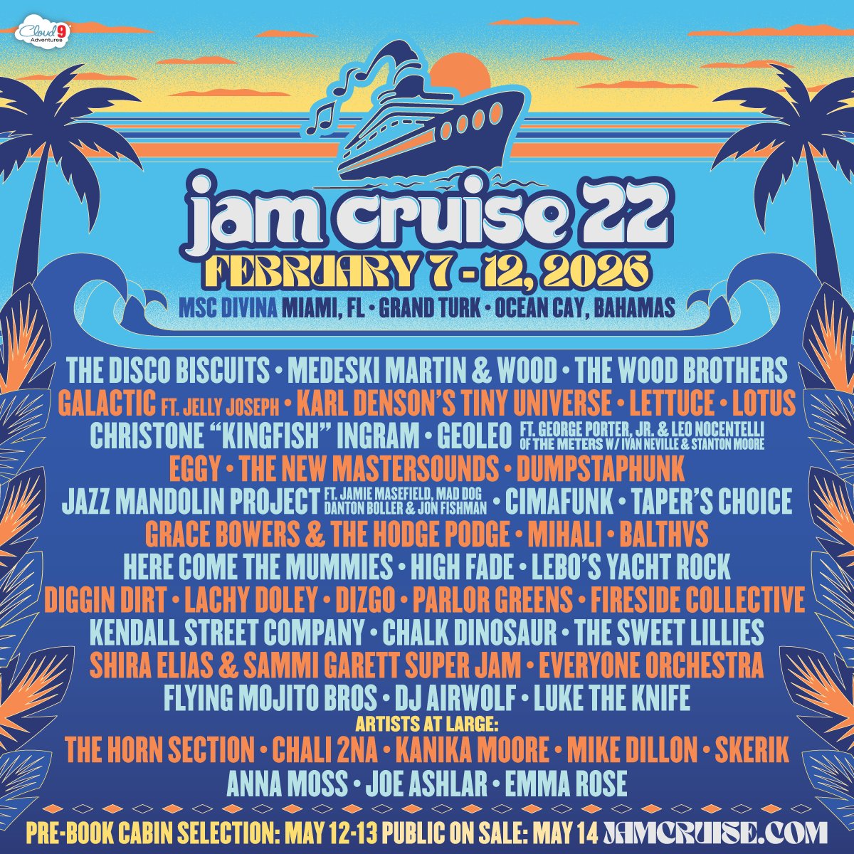 DRUMROLL PLEASE 🥁
Jam Cruise 22 hits the high seas February 7-12, 2026! Set sail out of Miami, Florida and explore Grand Turk + Ocean Cay, Bahamas with 5 nights of non-stop music. 🎶 LET THE GAMES BEGIN! 🛳️🎉