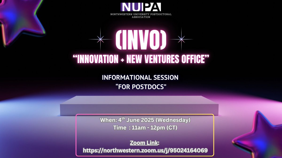 NUPostdocs's tweet image. Mark your calendar! INVO (Innovation and New Ventures Office) is hosting a special informational session just for you.
When : 4th June 2025 (Wednesday)
Time : 11:00 AM - 12:00 PM (CDT)
Zoom Link: northwestern.zoom.us/j/95024164069 (Meeting ID: 950 2416 4069)