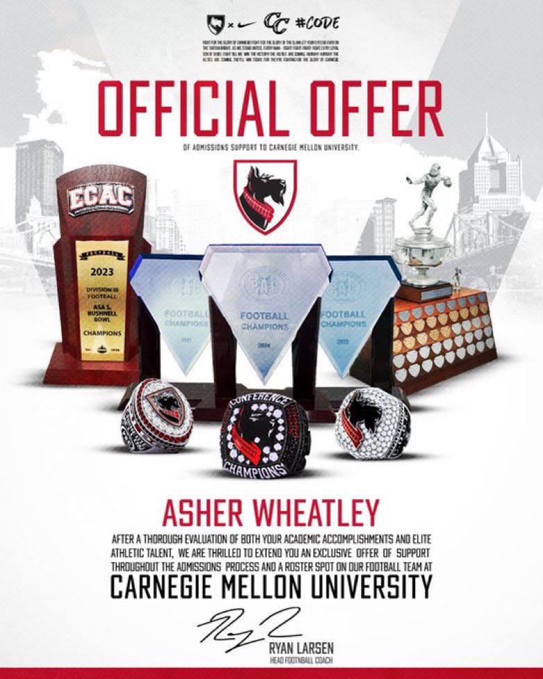 Asher Wheatley (@asherwheatley26) on Twitter photo After a great conversation with <a href="/CoachGibboney/">Coach Gibboney</a> I am blessed to receive an offer from Carnegie Mellon!! โค๏ธ๐ค
<a href="/CoachRyanLarsen/">Ryan Larsen</a> <a href="/Coach_Kay19/">K. K. Rountree๐น๐น</a> <a href="/BSublet/">BSUB</a> <a href="/BMFMoats/">Coach Moats</a> <a href="/big4_areason/">Coach Christopher rollins</a> <a href="/CoachMillerick/">gregorymillerick</a> <a href="/blathletics/">Bishop Lynch Athletics</a> After a great conversation with <a href="/CoachGibboney/">Coach Gibboney</a> I am blessed to receive an offer from Carnegie Mellon!! โค๏ธ๐ค
<a href="/CoachRyanLarsen/">Ryan Larsen</a> <a href="/Coach_Kay19/">K. K. Rountree๐น๐น</a> <a href="/BSublet/">BSUB</a> <a href="/BMFMoats/">Coach Moats</a> <a href="/big4_areason/">Coach Christopher rollins</a> <a href="/CoachMillerick/">gregorymillerick</a> <a href="/blathletics/">Bishop Lynch Athletics</a>