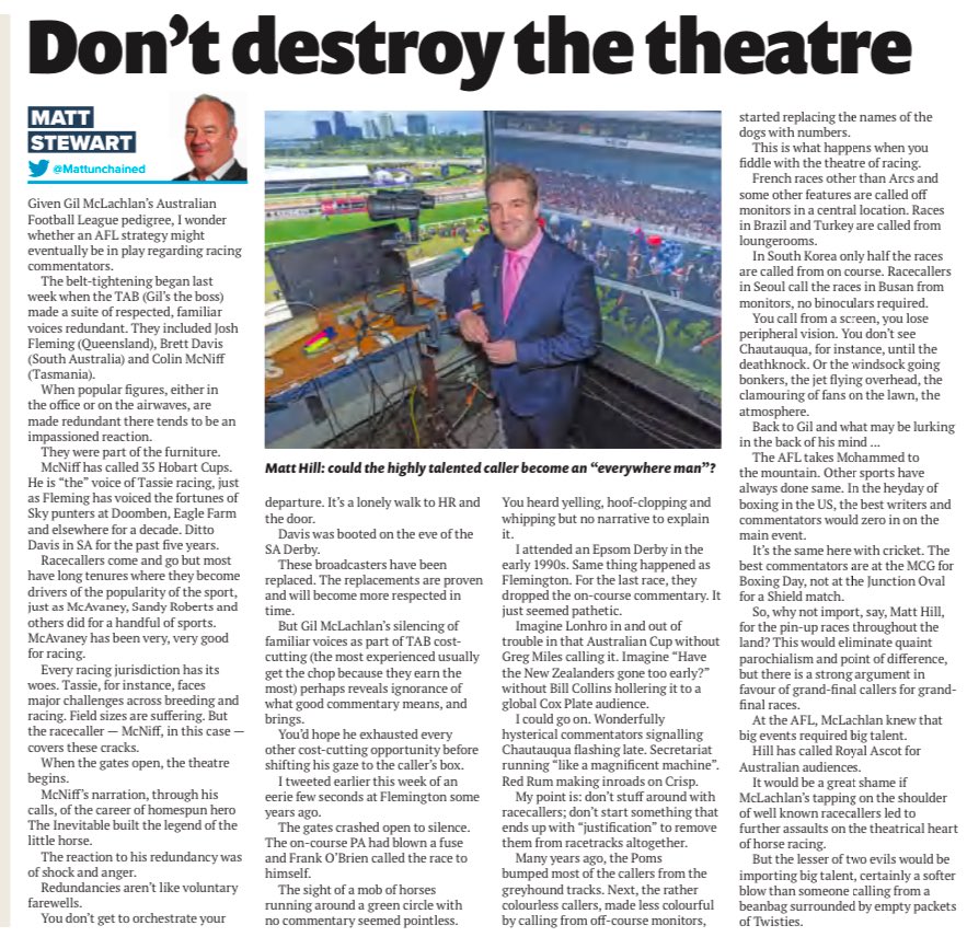 This week’s Winning Post column. Worrying that Gil targeted the heart of racing theatre with racecaller redundancies:Where could this end up?