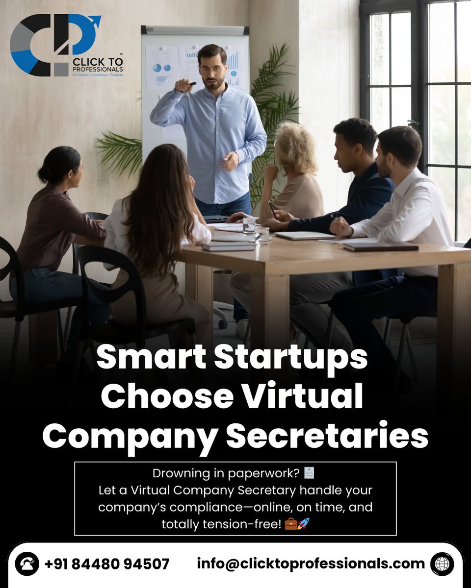 ClicktoProf's tweet image. Smart startups don’t waste time—
They choose Virtual CS Services for ROC filings, compliance &amp;amp; more.
💼 Affordable. 🕒 On-demand. 📍Anywhere.
🔗 Get started: clicktoprofessionals.com
#VirtualCS #SmartStartups #StartupCompliance  #ClickToProfessionals #CSOnDemand #StartupSupport