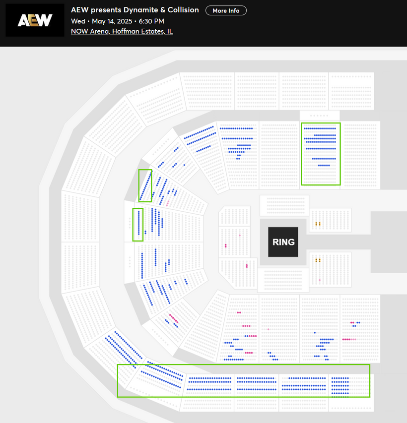 WrestleTix's tweet photo. AEW Dynamite: Beach Break
Wed • May 14, 2025 • 6:30 PM
NOW Arena, Hoffman Estates, IL

Available Tickets: 787
Current Setup: 4,282
Tickets Distributed: 3,495

📈 +428 since the last update (1 day ago)
�� Days until show: 6
⏮ 9/7/2024 All Out: 8,660
⏮ 9/6/2024 Collision: 2,723
🔢 Total # of seats on map: 7,628
🗒️ A bunch of new rows were added to the map as highlighted below.