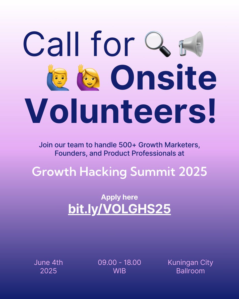 magnecareer's tweet photo. Growth Hacking Summit 2025 buka pendaftaran untuk Onsite Volunteers!
Kamu bisa ikut berkontribusi dalam acara yang menghadirkan lebih dari 500 Growth Marketers, Founders, dan Product Professionals.
Yuk, daftar sekarang di: https://t.co/WWcy28wnhw! ๐ซฐ
#GrowthHackingSummit https://t.co/TdcuL3Zmx6