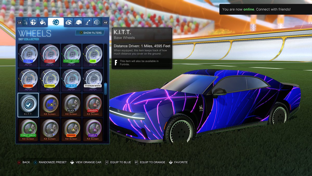 RenNicole10's tweet photo. @FortniteStatus I have the K.I.T.T. Wheels in rocket league but they aren’t transferring over to Fortnite. https://t.co/NpUKPQOD2v