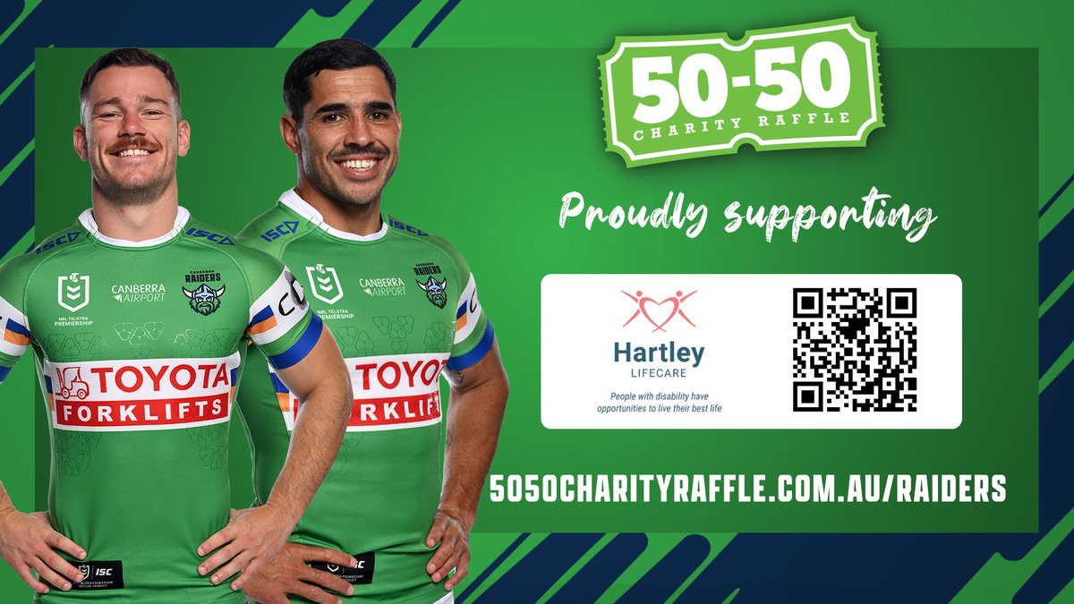 Can’t get to the sold-out <a href="/RaidersCanberra/">Canberra Raiders</a> game? You can still WIN!

💸 Buy a 50-50 raffle ticket: 5050charityraffle.com.au/raiders  
🏆 50% goes to the winner  
💙 50% supports <a href="/HartleyLifecare/">Hartley Lifecare</a>

#HartleyLifecare #5050raffle #Raiders