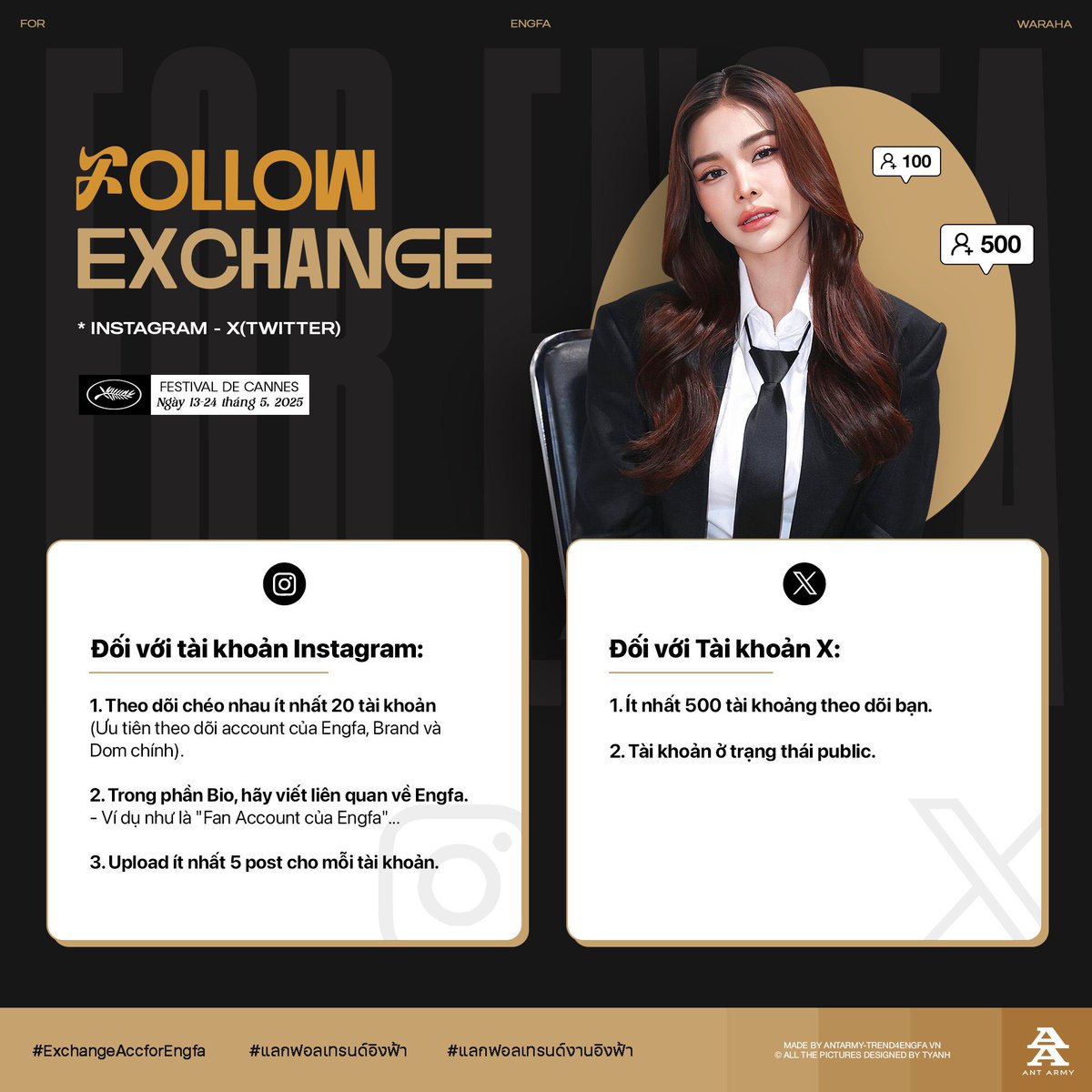antarmy_vn's tweet photo. EVERYONE ! Exchange account for Cannes Events. Let’s push hard each others 🔥🔥☄️
▪️Drop your account (IG/X) below comment
▪️Follow and update your account as direction
#แลกฟอลเทรนด์งานอิงฟ้า
#แลกฟอลเทรนด์อิงฟ้า
#ExchangeaccforEngfa
#บองชูอิงฟ้าทูเมืองคานส์
#อิงฟ้ามหาชน