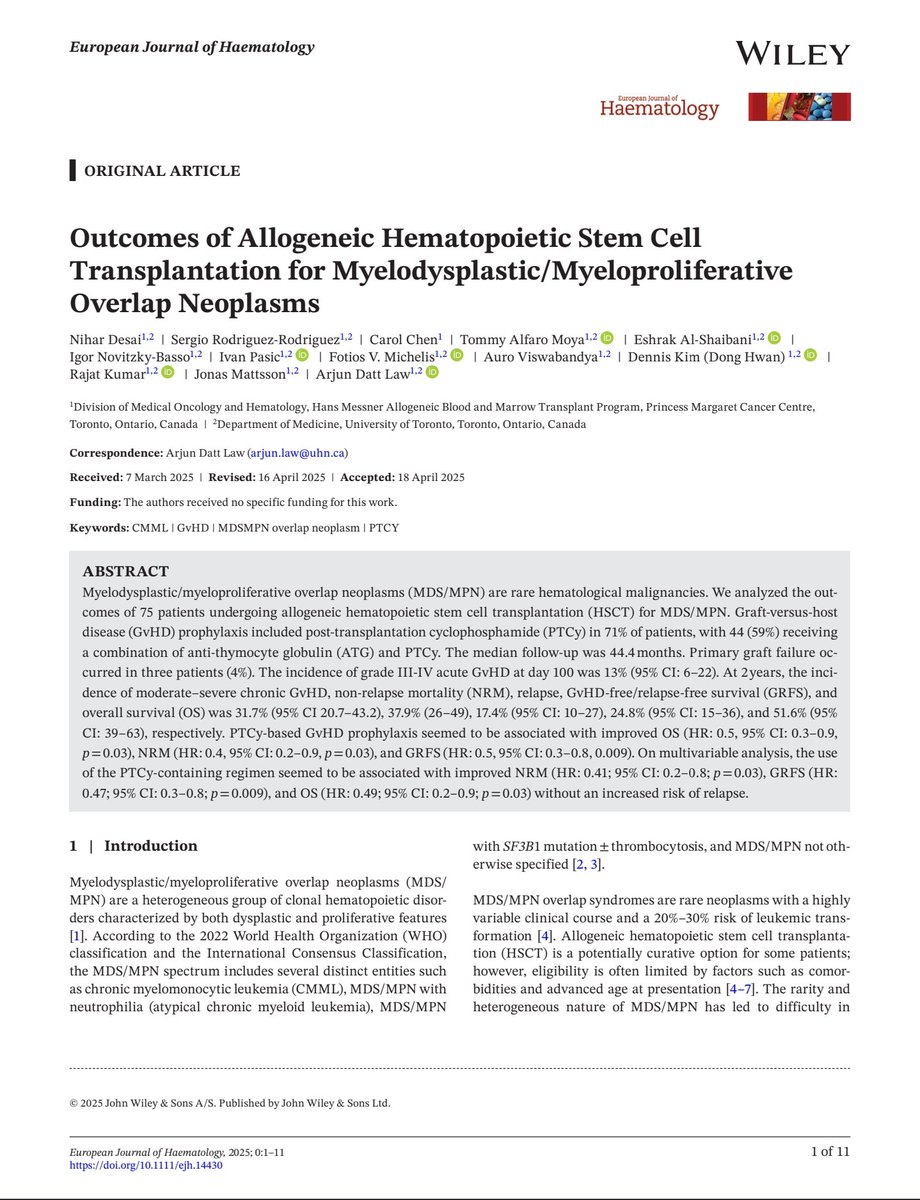 𝗡𝗶𝗵𝗮𝗿 𝗗𝗲𝘀𝗮𝗶 MD, DM (@nihardesai89) on Twitter photo 🎉 Out work from <a href="/pmcancercentre/">Princess Margaret Cancer Centre</a> is out now in the European Journal of Hematology!
Outcomes of allogeneic transplantation for MDS/MPN overlap neoplasms in the contemporary era 🙌🏽
<a href="/Hans_BMTProgram/">Hans Messner Allogeneic BMT Program</a> <a href="/SergioRdzRdz/">Sergio Rodríguez-Rodriguez, MD, MHSc. 🇲🇽</a>
onlinelibrary.wiley.com/doi/abs/10.111… 🎉 Out work from <a href="/pmcancercentre/">Princess Margaret Cancer Centre</a> is out now in the European Journal of Hematology!
Outcomes of allogeneic transplantation for MDS/MPN overlap neoplasms in the contemporary era 🙌🏽
<a href="/Hans_BMTProgram/">Hans Messner Allogeneic BMT Program</a> <a href="/SergioRdzRdz/">Sergio Rodríguez-Rodriguez, MD, MHSc. 🇲🇽</a>
onlinelibrary.wiley.com/doi/abs/10.111…