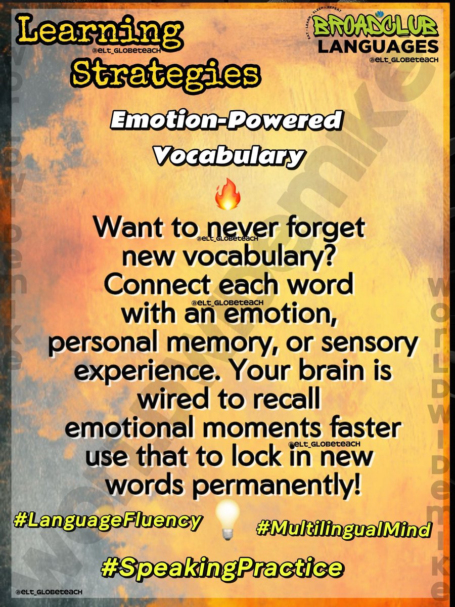 ELT_GlobeTeach's tweet photo. Want to supercharge your memory? Attach emotions to every word. Your brain remembers feelings faster than flashcards. #LanguageFluency #EmotionalMemory #SpeakingPractice https://t.co/LaU7goU90C