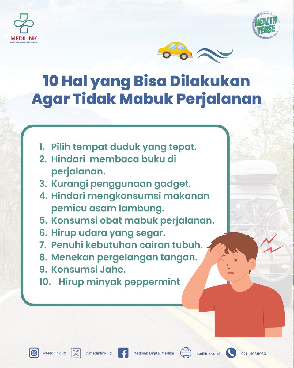 Medilink_ID's tweet photo. Hi #TemanMedilink

Mabuk perjalanan bisa terjadi kepada siapa saja dengan gejala pusing, mual, muntah. Dengan persiapan yang tepat, perjalanan Anda bisa jadi lebih nyaman, menyenangkan, dan bebas gangguan. Yuk, saling mengingatkan demi keselamatan dan kenyamanan bersama! ✨ https://t.co/acO4CWpWYF