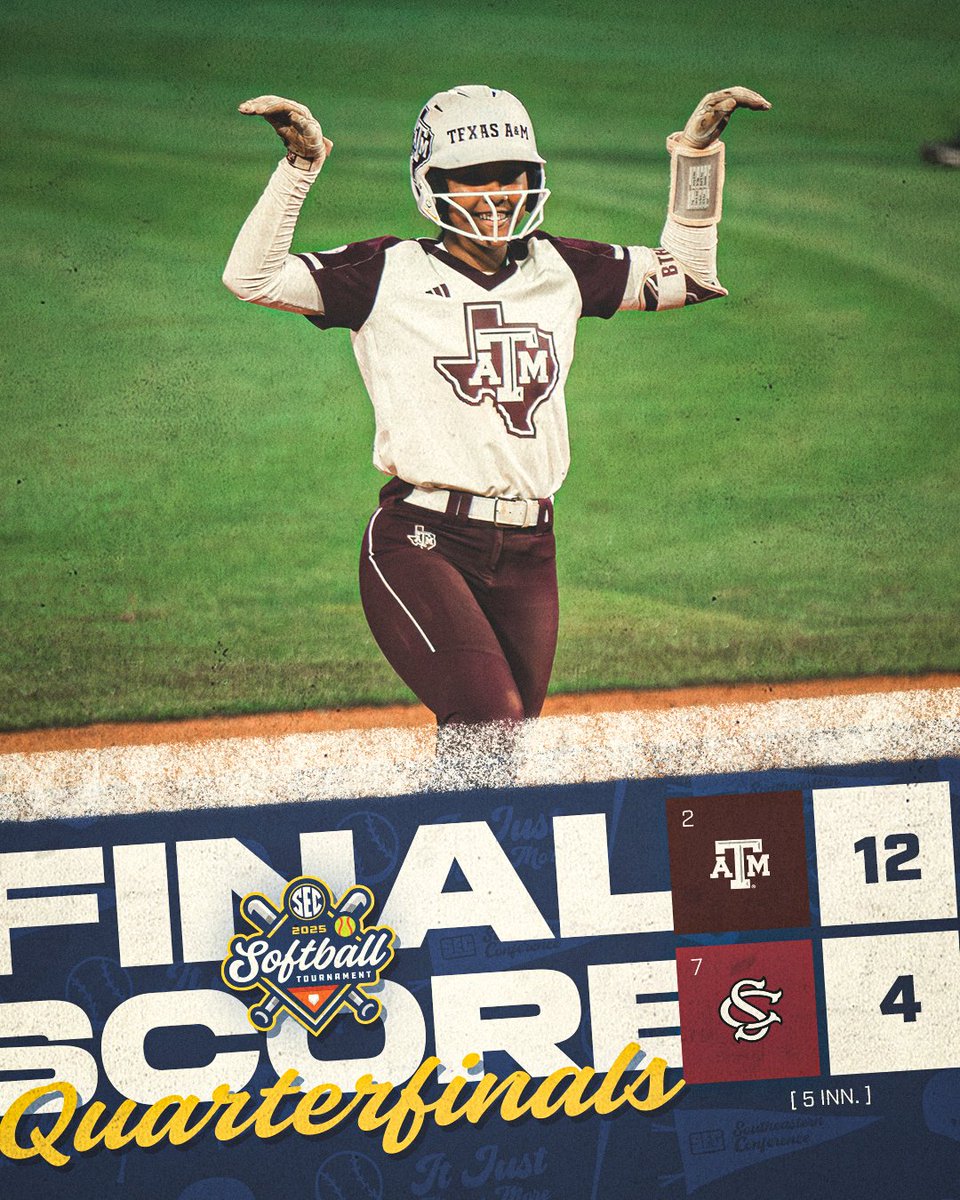 Southeastern Conference (@sec) on Twitter photo OFFENSIVE POWER ๐ฅ
No. 2 <a href="/AggieSoftball/">Texas A&M Softball</a> secures the final spot in the Semis with a 5-inning, run-rule win over South Carolina!
#SECSB x #SECTourney OFFENSIVE POWER ๐ฅ
No. 2 <a href="/AggieSoftball/">Texas A&M Softball</a> secures the final spot in the Semis with a 5-inning, run-rule win over South Carolina!
#SECSB x #SECTourney