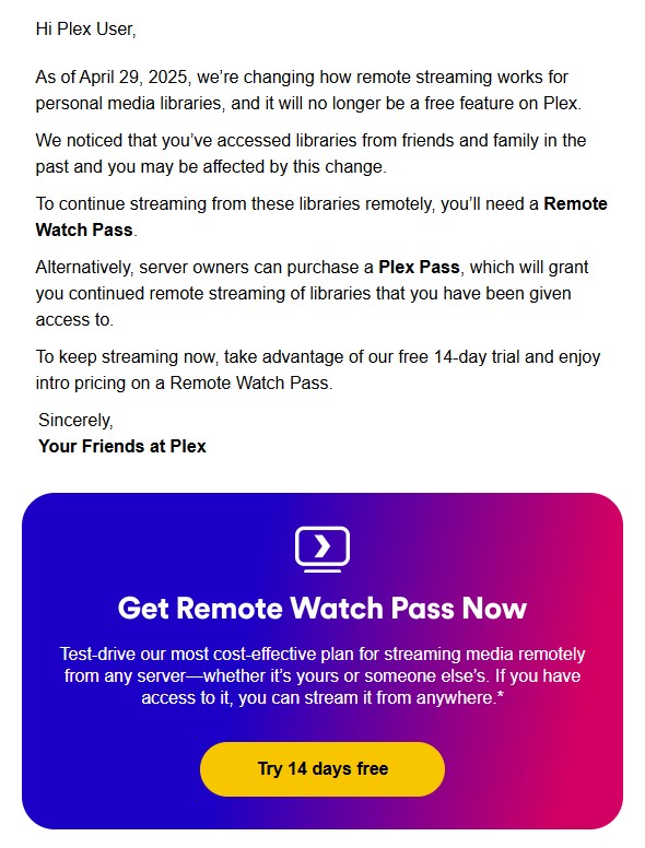 gmarshallj's tweet image. If you received an email similar to this one, ignore it. You don&apos;t need to ever purchase anything from Plex to stream from my personal server.