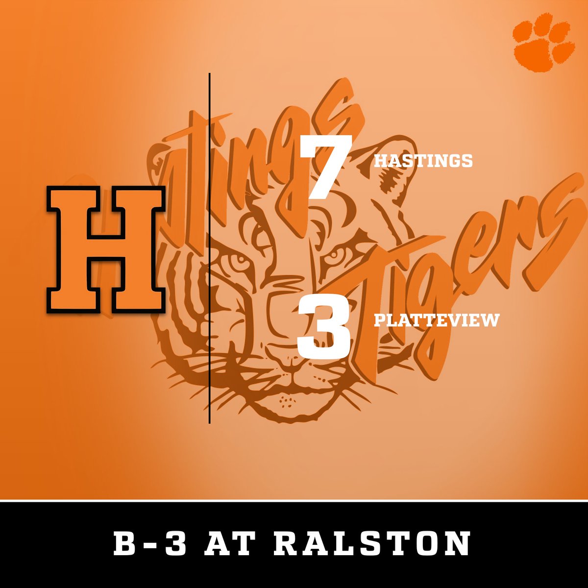 Baseball
B-3 at Ralston

Final
Hastings - 7
Platteview - 3

Tigers will take on Ralston tomorrow in the District Championship.

#every1aTIGER