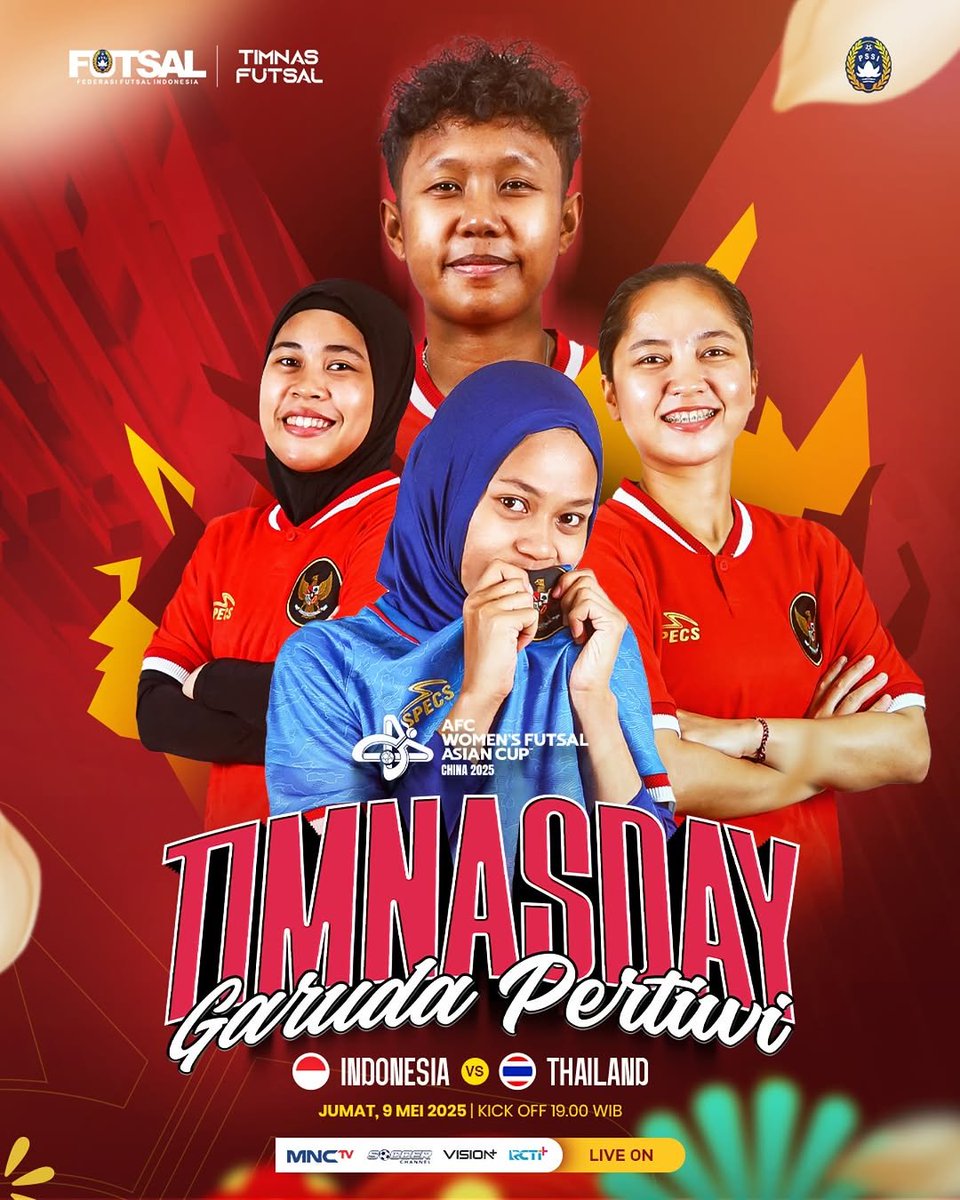 𝑴𝒂𝒕𝒄𝒉 𝑫𝒂𝒚 𝟐 | #WACFutsal2025

Maksimalkan poin hari ini Garuda Pertiwi 🦅🇮🇩

Indonesia 🇮🇩 🆚 🇹🇭 Thailand
⏰ Malam Ini | 19.00 WIB
🏟️ Hohhot Sport Centre, China
📺 Live On MNCTV, RCTI+, VISION+, Soccer Channel