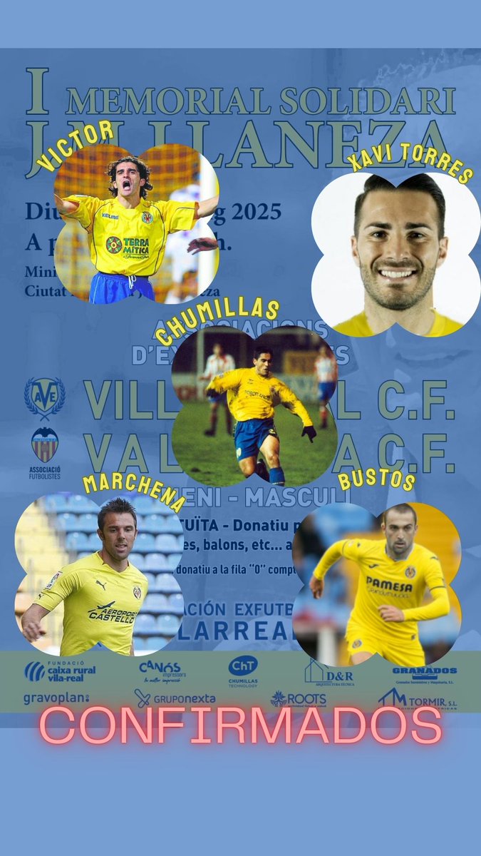 Asociación Exfutbolistas Villarreal CF (@aevillarrealcf) on Twitter photo Os esperamos en el I Memorial Solidario José Manuel Llaneza el domingo 11 de mayo en la Ciudad Deportiva. Tendremos partido contra los veteranos del Valencia CF tanto en categoría masculina como femenina. Nos acompañarán Víctor, Marchena, Chumillas y Bustos.
Endavant 💛💛💛 Os esperamos en el I Memorial Solidario José Manuel Llaneza el domingo 11 de mayo en la Ciudad Deportiva. Tendremos partido contra los veteranos del Valencia CF tanto en categoría masculina como femenina. Nos acompañarán Víctor, Marchena, Chumillas y Bustos.
Endavant 💛💛💛