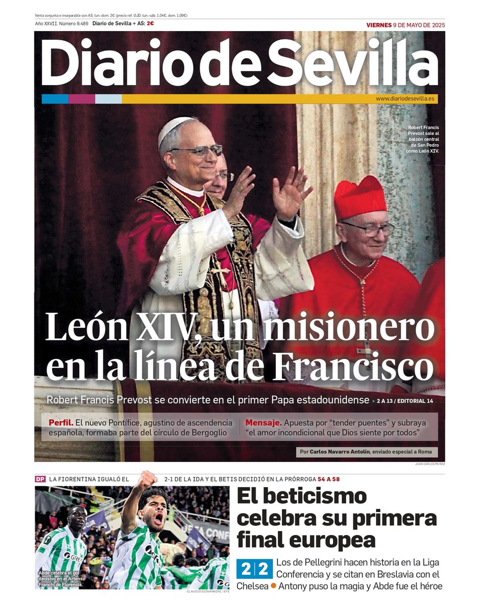 Diario de Sevilla (@diariosevilla) on Twitter photo 🌞 ¡Buenos días! Una portada histórica para este viernes 9 de mayo de 2025. Toda la actualidad del día en diariodesevilla.es 🌞 ¡Buenos días! Una portada histórica para este viernes 9 de mayo de 2025. Toda la actualidad del día en diariodesevilla.es
