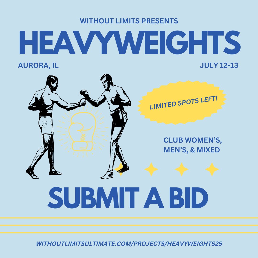 ✨Submit a bid to Heavyweights✨

We still have spots remaining at Heavyweights across the mixed, women’s, and men’s divisions.

We’re just outside of Chicago at the Stuart Sports Complex ( ✈️ fly into ORD or MDW). Come hang at Heavyweights this summer!
withoutlimitsultimate.com/projects/heavy…