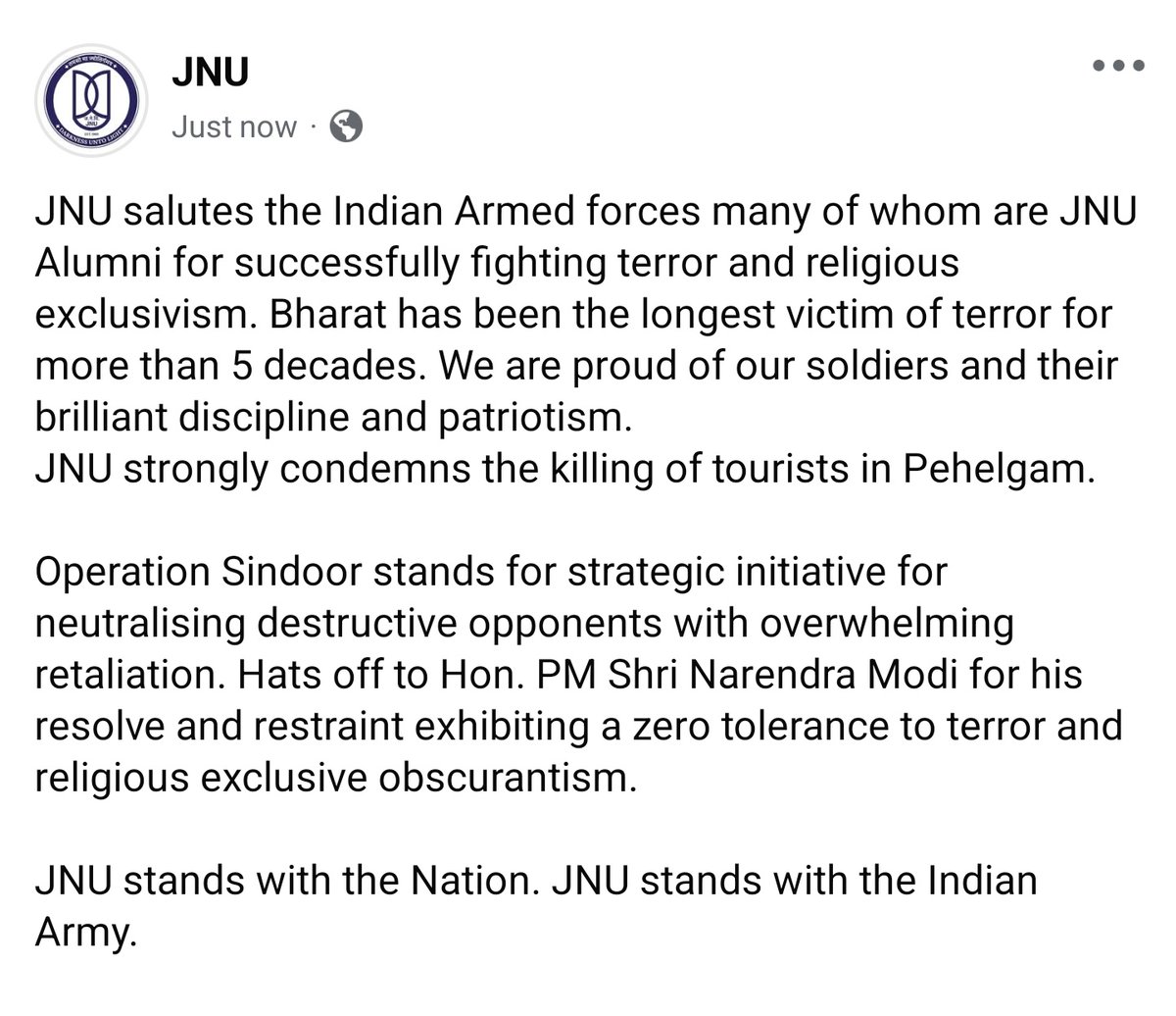 Jawaharlal Nehru University (JNU) (@jnu_official_50) on Twitter photo JNU salutes the Indian Armed forces many of whom are JNU Alumni for successfully fighting terror and religious exclusivism.
JNU stands with the Nation. JNU stands with the Indian Army. #OperationSindhoor
#IndianNavy
<a href="/rashtrapatibhvn/">President of India</a> <a href="/VPIndia/">Vice-President of India</a> <a href="/narendramodi/">Narendra Modi</a> <a href="/PMOIndia/">PMO India</a> JNU salutes the Indian Armed forces many of whom are JNU Alumni for successfully fighting terror and religious exclusivism.
JNU stands with the Nation. JNU stands with the Indian Army. #OperationSindhoor
#IndianNavy
<a href="/rashtrapatibhvn/">President of India</a> <a href="/VPIndia/">Vice-President of India</a> <a href="/narendramodi/">Narendra Modi</a> <a href="/PMOIndia/">PMO India</a>