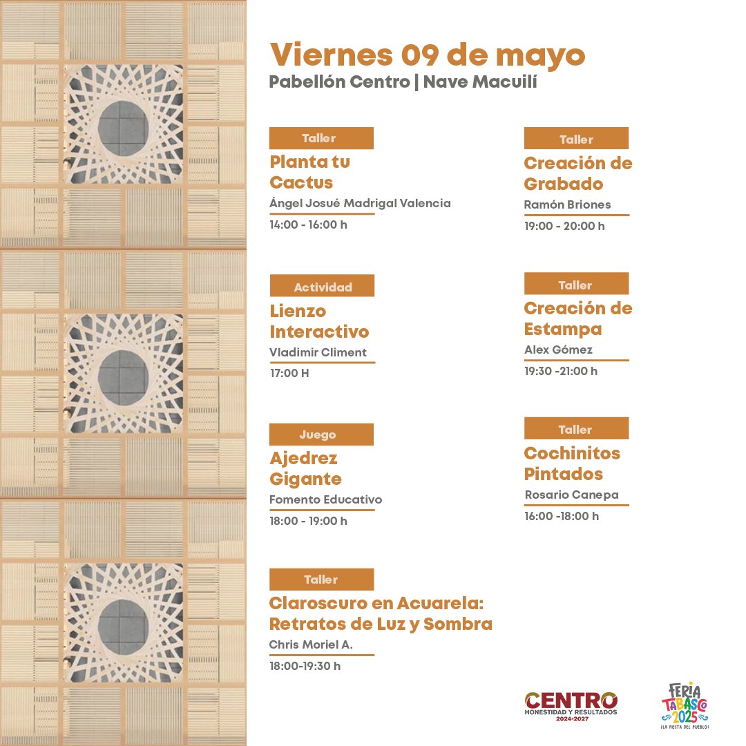 CentroInforma's tweet image. 🌺El Pabellón de Centro en el #ParqueTabasco tiene para ti este viernes 09 de mayo talleres para aprender grabado, estampas, pintura en acuarela y mucho más. Estamos en la Nave Macuilí. Consulta los detalles de las actividades.⤵️
#HonestidadYResultados
#FeriaTabasco2025