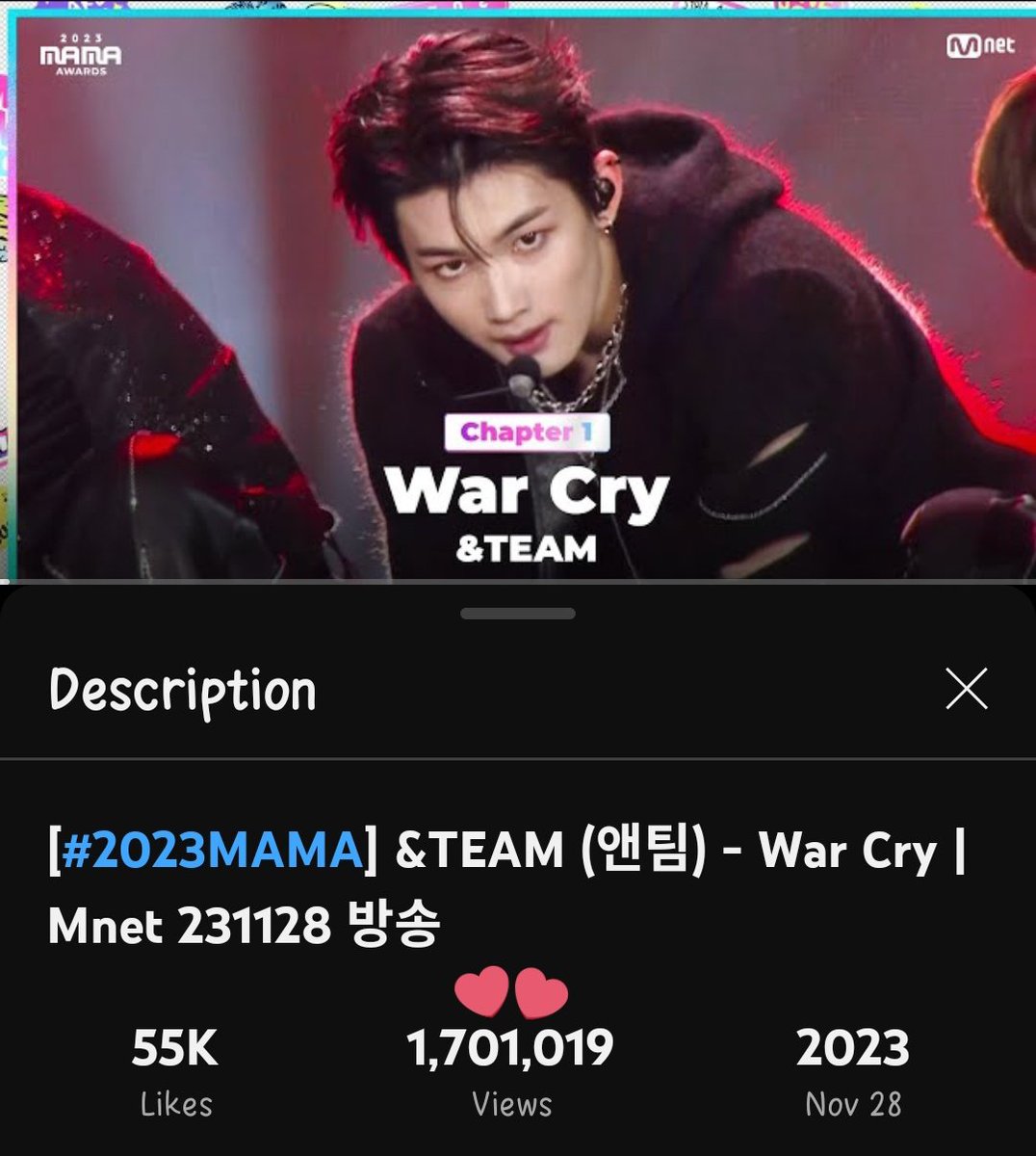 andteam_charts_'s tweet image. [INFO 05/09/25] &amp;lt;11:56AM JST&amp;gt;

&amp;amp;TEAM 2023 MAMA “War Cry” Performance has surpassed 1.7M views on YouTube.

🔗: youtu.be/InQzfWiF_Xw

#War_Cry #FirstHowling_NOW #andTEAM @andTEAMofficial