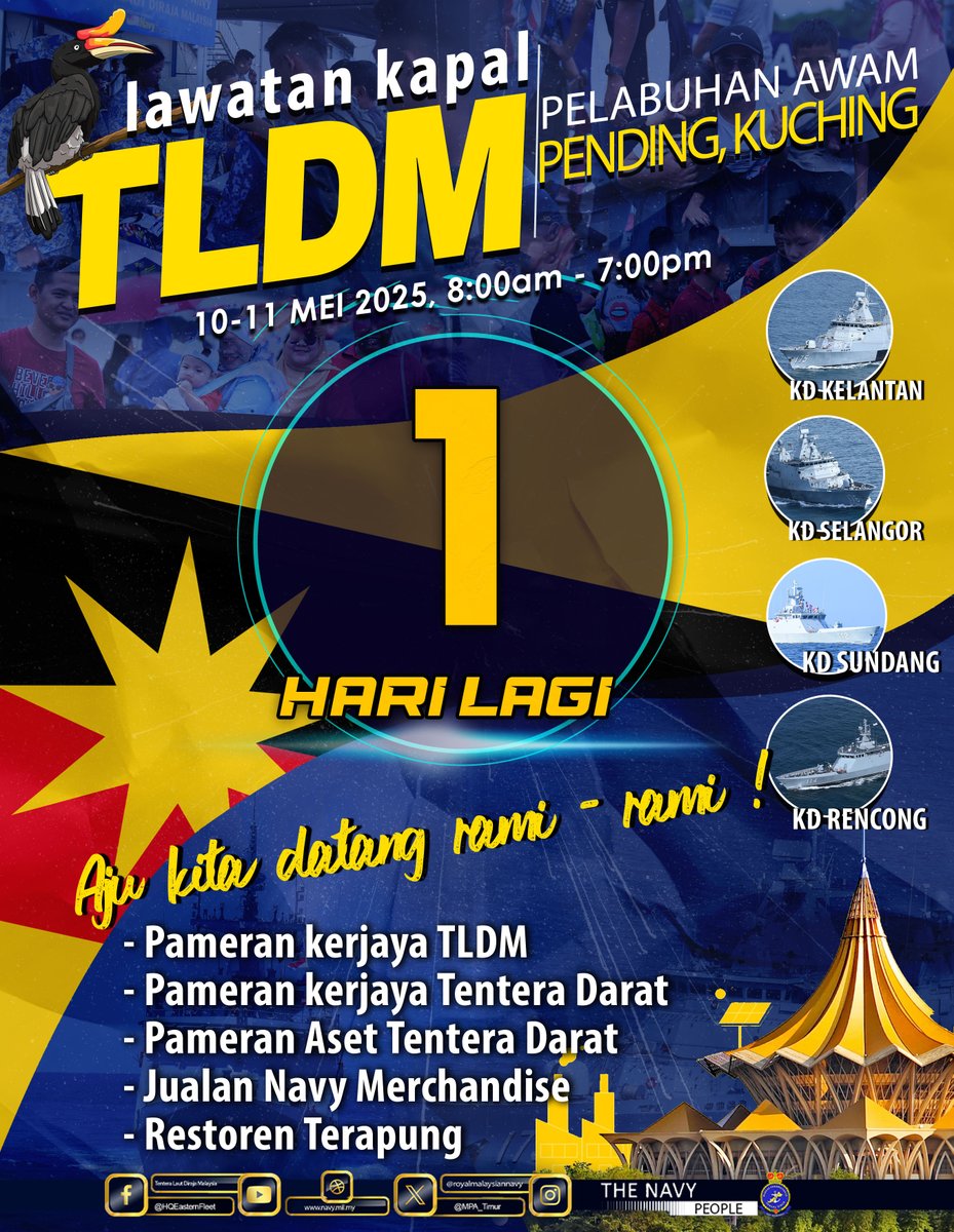 1 HARI LAGIK! 📷📷

Lan kita rami-rami menoh Pelabuhan Awam Pending nangga kapal-kapal sidak Navy, Sabtu dengan Ahad tok. Jangan leka, kelak kita bertemu di sia!

📷 10-11 Mei 2025 (Sabtu-Ahad)
📷 8.00 pagi - 7.00 malam
📷 Pelabuhan Awam Pending (Pending Port, Kuching)