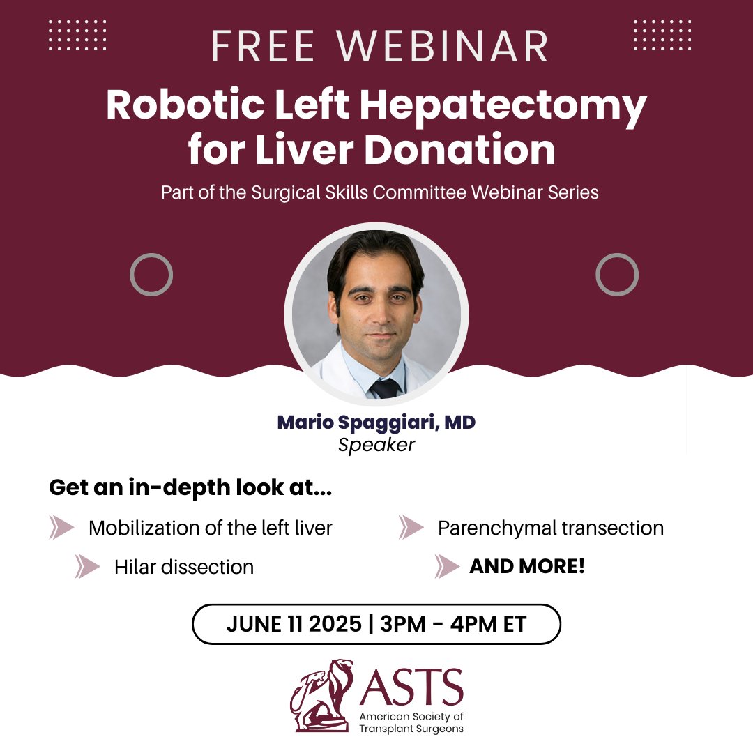 Join us on 6/11 at 3pm ET for a free webinar on Robotic Left Hepatectomy for Liver Donation! 

Don't miss the opportunity to explore robotic liver hepatectomy through a narrated surgical procedure video and live Q&amp;A. 

Secure your spot today! bit.ly/4iMZkt7