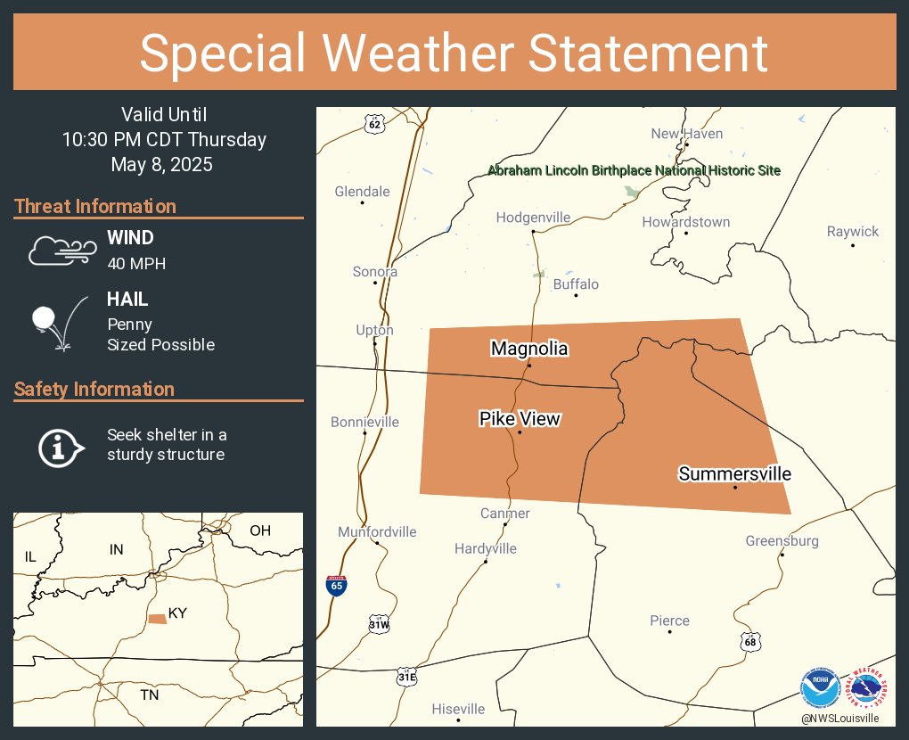 A special weather statement has been issued for Summersville KY, Magnolia KY and  Pike View KY until 10:30 PM CDT