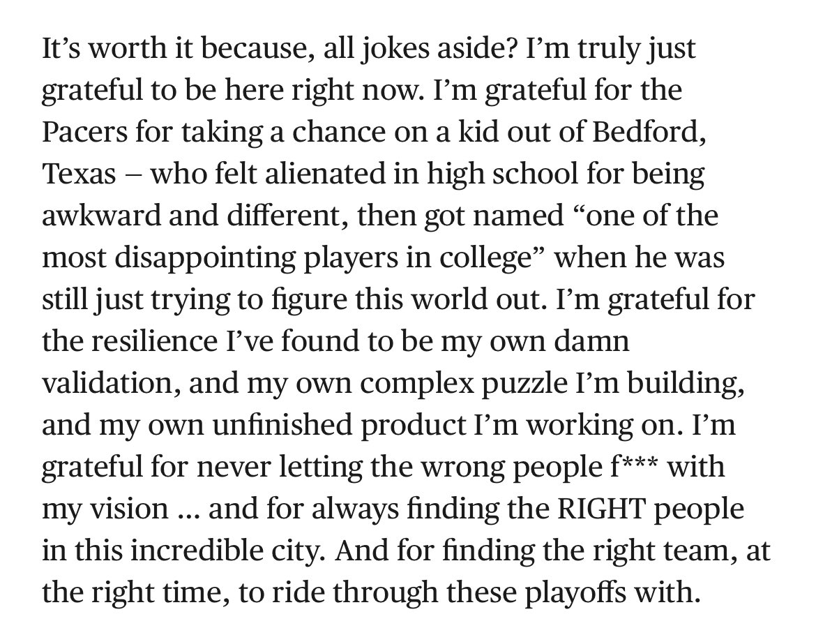 Myles Turner: “I’m grateful for never letting the wrong people fuck with my vision …”

Felt that in my SOUL. 

What a player, what a man.