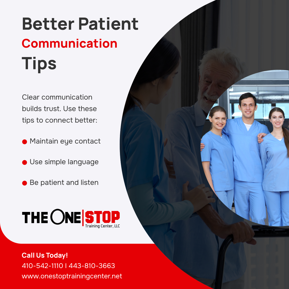 theonestoptc's tweet photo. Great care starts with great communication. 🗣️👂 Use these tips to better connect with patients and earn their trust. Learn more with us!

#AssistedLivingAndCareTraining #BaltimoreMD #CommunicationTips https://t.co/QzgPlVfTS6