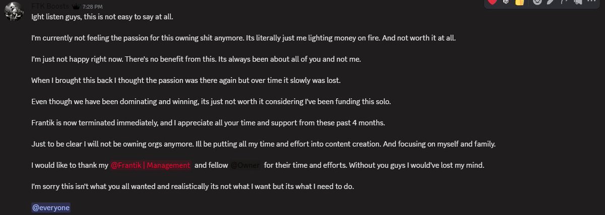 This is literally the end of me owning teams. I'm retiring. I know alot of people don't and will always dislike me but at the end of the day that is life. I'll be focusing on myself and my family. Also, im going to do what i was supposed to do and pay <a href="/boltz1x/">boltz</a> and <a href="/Avivv5/">2AM Avivv</a> back