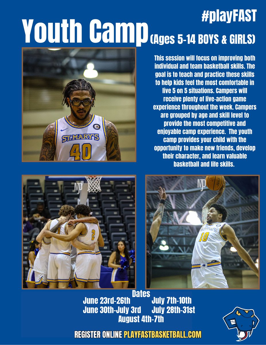 Mateo Ortega (@coach_teo) on Twitter photo Boys and girls ages 5–14 — it’s go time! FAST paced drills, fun games, and high-energy hoops all week long. Whether you’re just starting or already ballin’, this camp is for YOU!
Register online playfastbasketball.com
See everyone this summer! <a href="/StMUmbb/">St. Mary's Men's Basketball</a> Boys and girls ages 5–14 — it’s go time! FAST paced drills, fun games, and high-energy hoops all week long. Whether you’re just starting or already ballin’, this camp is for YOU!
Register online playfastbasketball.com
See everyone this summer! <a href="/StMUmbb/">St. Mary's Men's Basketball</a>