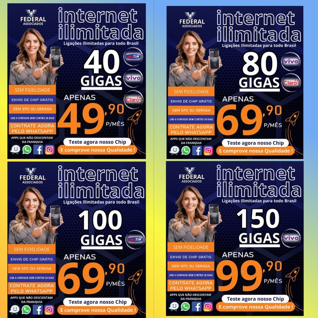 Internet Ilimitada Federal
2️⃣1️⃣9️⃣8️⃣1️⃣7️⃣5️⃣5️⃣4️⃣0️⃣8️⃣
Os melhores planos com muita internet e ligações com preços acessíveis.
Temos planos rurais.