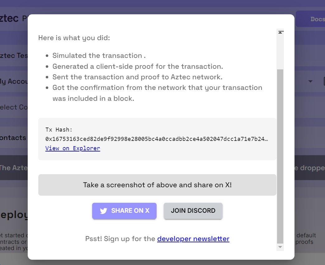 I sent a private transaction on <a href="/aztecnetwork/">Aztec</a> Public Testnet by generating a client-side proof.

Try it yourself with Aztec Playground: play.aztec.network