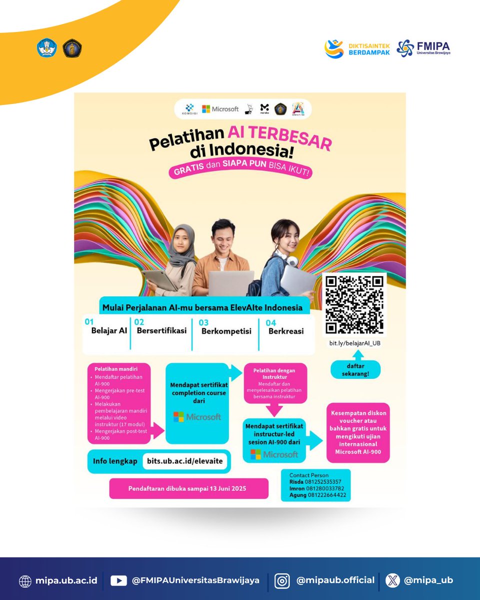 mipa_ub's tweet image. Buat kalian yang ingin belajar lebih dalam soal AI, ada kesempatan buat menyelami per-AI-an lebih dalam dan GRATIS, nih! Tentunya course yang disediakan bakalan 'daging' banget dan ada kesempatan diskon bahkan gratis untuk mengikuti ujian internasional Microsoft AI-900🤩