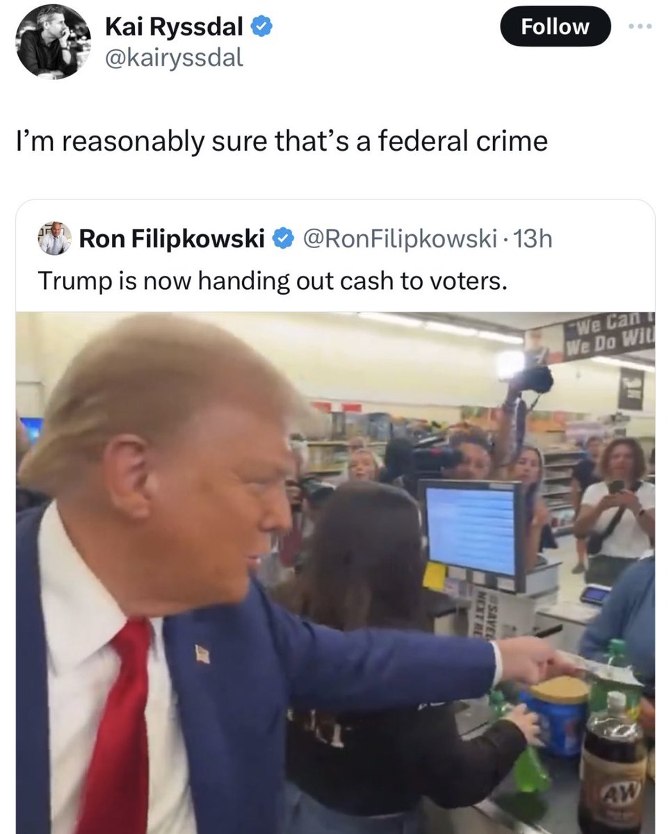 TRUMP: *Pays for someone's groceries*

DEMOCRATS: "That's a federal crime!"