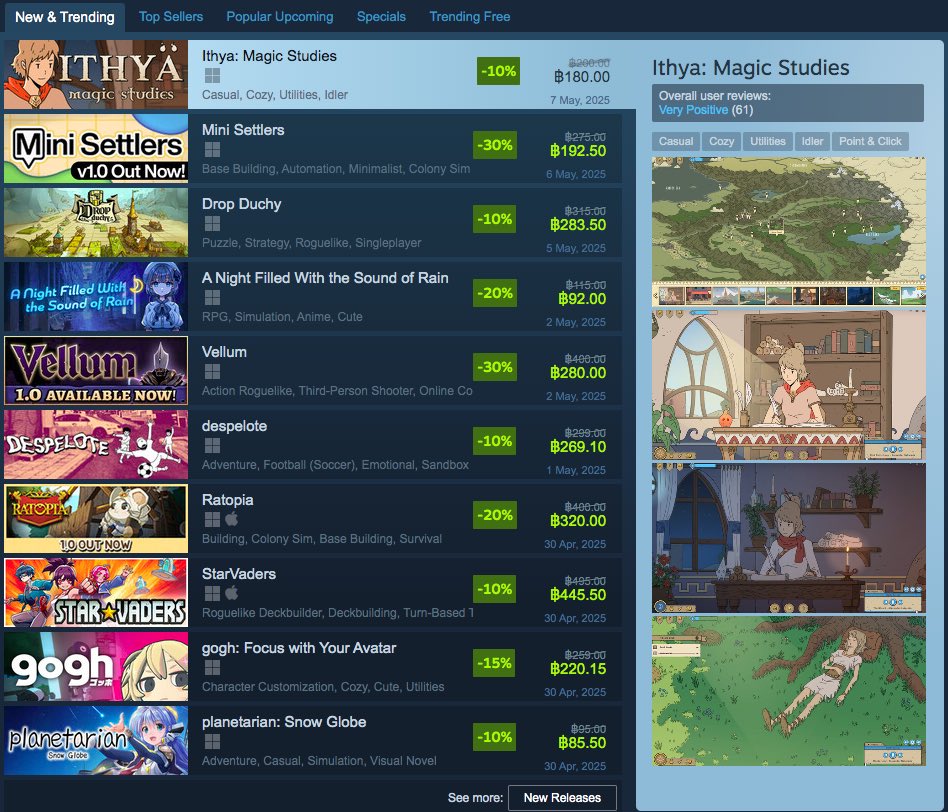 BlueTurtle_d's tweet image. Ithya: Magic Studies is on Steam’s New &Trending ✨🎮 If relax and cozy gaming is your thing, try now!
store.steampowered.com/app/3330250/It…
#ithya #ithyamagicstudies #blueturtle #cozygames #cozygaming #gamergirl #indiegame #productivity #studycompanion #wfh