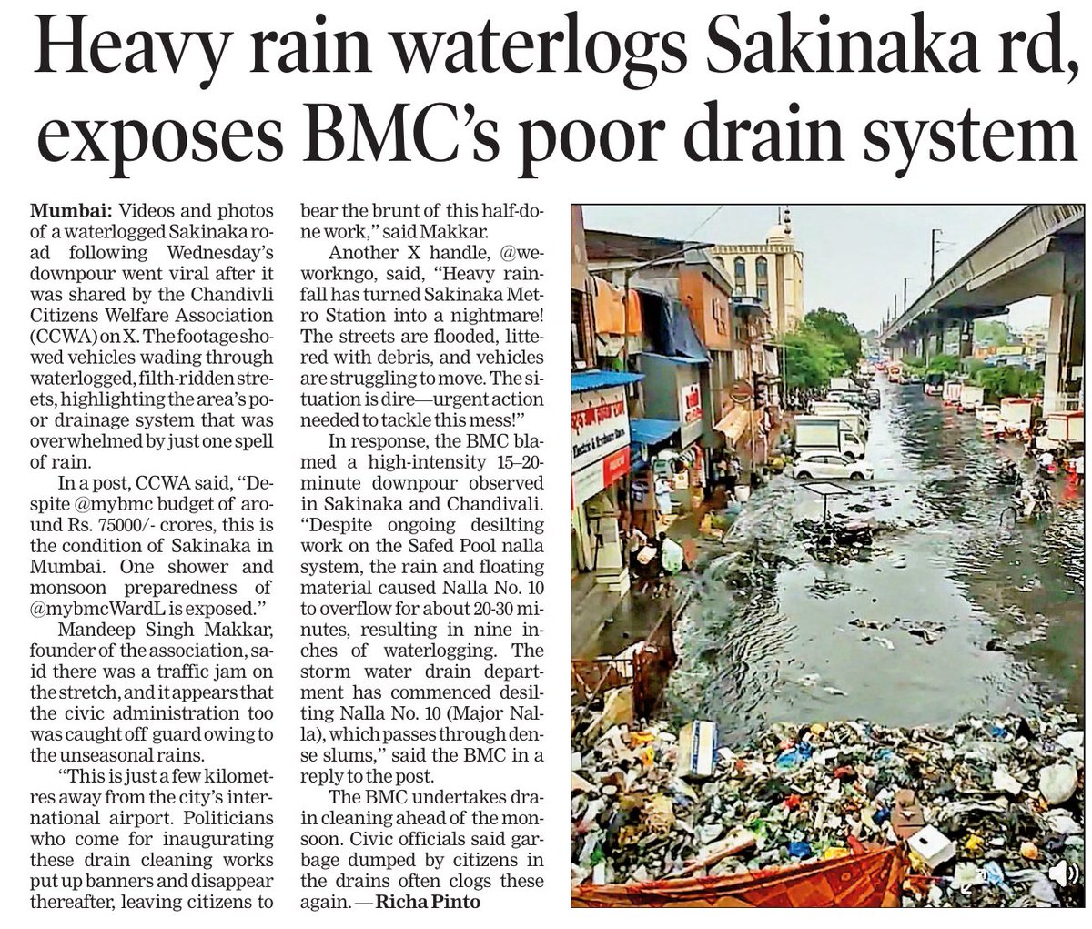 ChandivaliCCWA's tweet photo. Heavy rain waterlogs Sakinaka rd, exposes BMC’s poor drain system
@mybmcWardL @mybmc
Article in today's @TOIMumbai
by @richapintoi.

Read the article here:https://t.co/SqxeZap9pP
@VarshaEGaikwad @Mi_DilipLande https://t.co/KAkfeeik8Q
