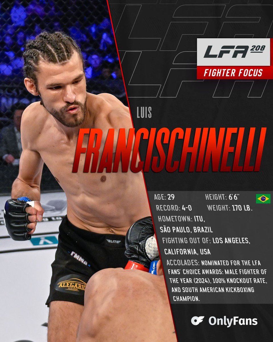 LFAfighting's tweet photo. #FighterFocus: Top Brazilian prospect #LuisFrancischinelli returns to the LFA Octagon at #LFA208! 🇧🇷

Powered By: @OnlyFans

Friday, May 9
#KaiserPermanenteArena
#SantaCruz, #California

🎫: https://t.co/Xe5f38IJbd

#MMA
#LFANation
@UFCFightPass https://t.co/c9SfXXa0ru