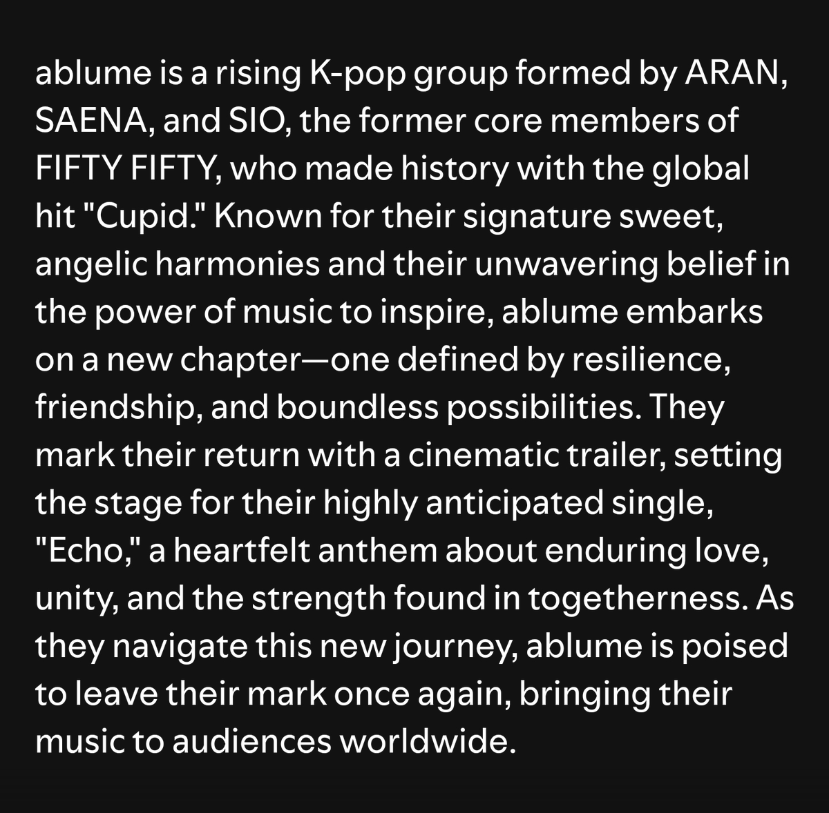 castii's tweet photo. ablume spotify profile description 

ABLUME ECHO OUT NOW #ablume_echo_out_now #ablume_blooms_today 
#꽃길만_걷자_어블룸
#ablume #어블룸 https://t.co/eBRpmZJoac